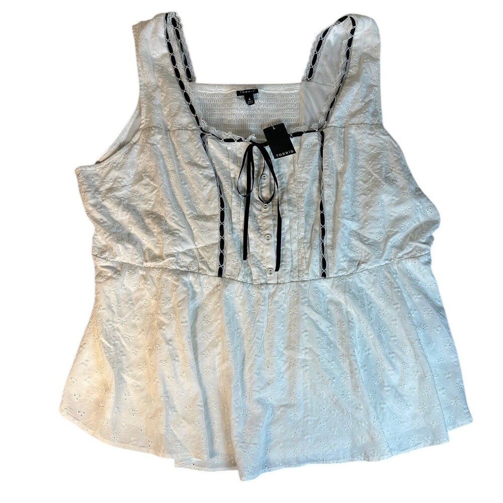 Torrid Peplum Eyelet Top With Liner White Black Ribbon Ribbed Back Size 4 4X MWT